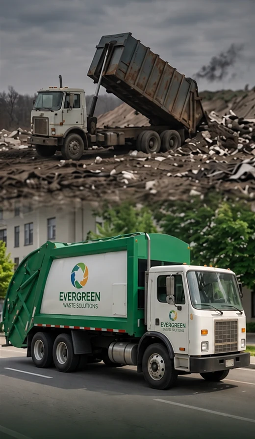 Illustration contrasting landfill disposal with a circular recovery truck