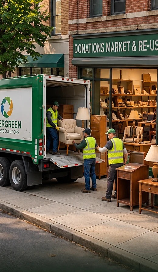 Illustration of a team unloading reusable furniture at a donations and resale market