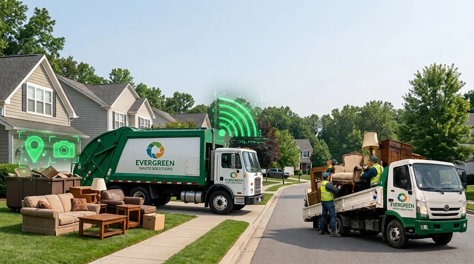 Illustration of a waste truck reporting discarded furniture and a smaller truck collecting reusable items